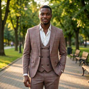 New 2026 Mens 3pc Plaid Tanned Rose Suit Set, Skinny Fit